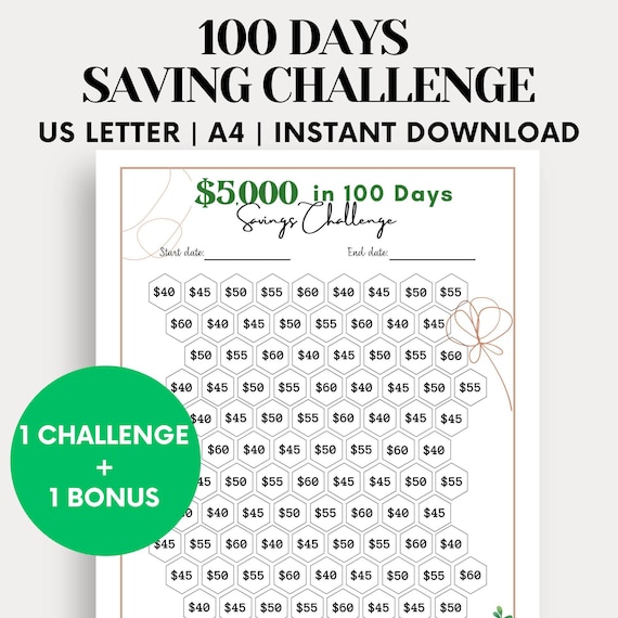 Save 5000 in 100 Days, 5,000 Money Saving Challenge Printable Boho
