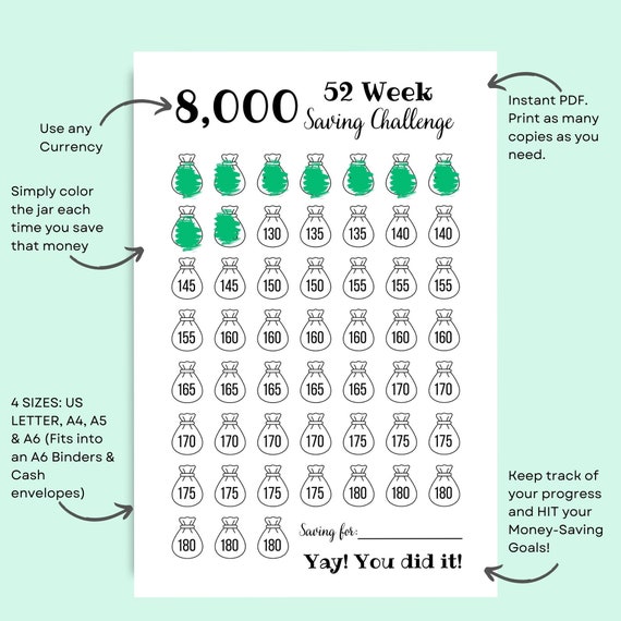 8K Money Saving Challenge: 52 Week Tracker (PDF) - Etsy