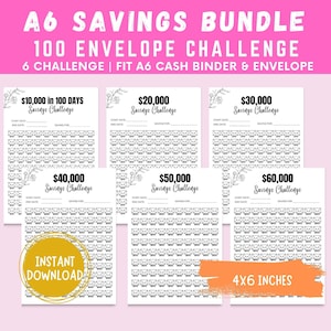 100 Envelope Savings Challenge Bundle | 10K, 20K, 30K, 40K, 50K, 60K Savings Tracker Printables | A6 Savings Trackers | Savings Challenge A6