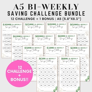 May include: A set of 13 printable A5 (5.8" x 8.3") bi-weekly savings challenge cards. Each card features a different savings goal amount, ranging from $1,000 to $30,000. The cards have a green and gold floral design.