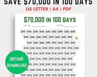 70,000 Money Saving Challenge Printable, Save 70,000 in 100 70,000 Money Saving Challenge Printable, Save 70,000 in 100