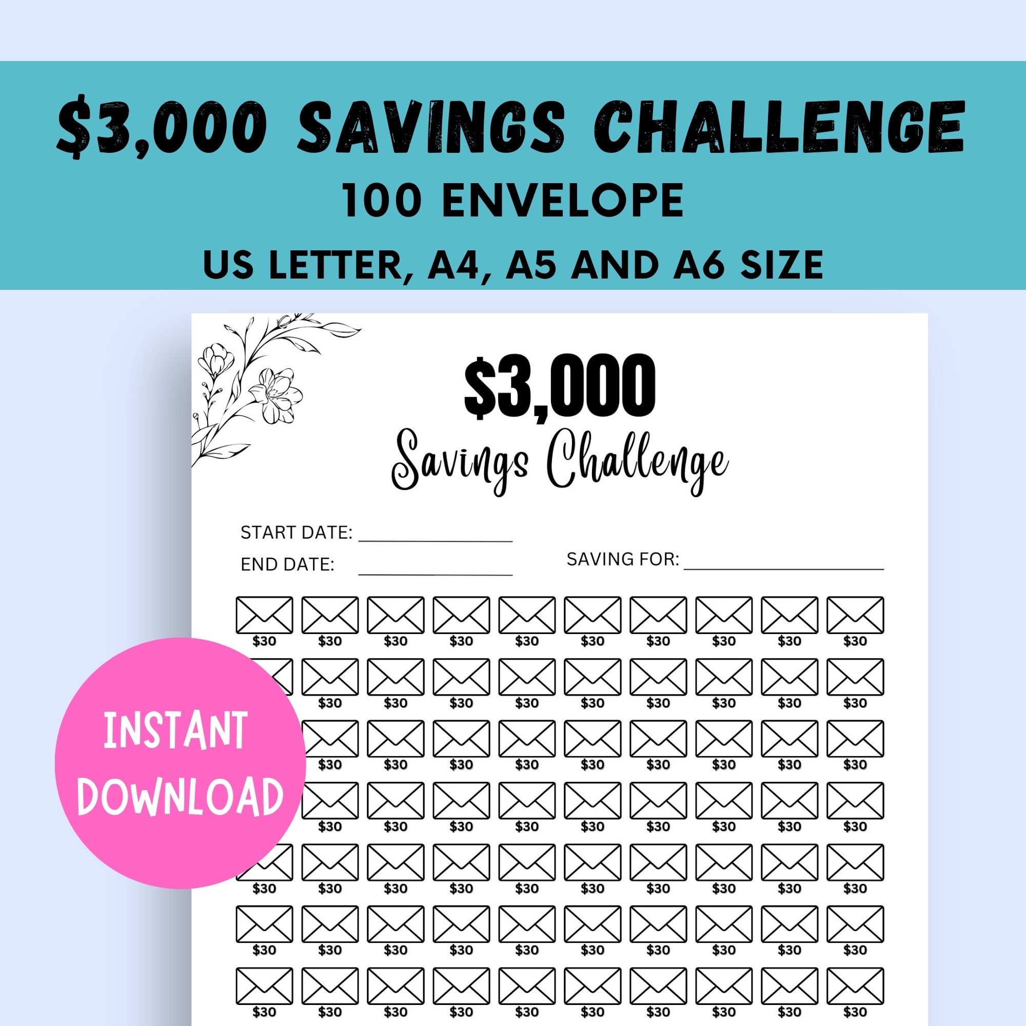 3K Savings Challenge Printable: 100 Envelope Tracker
