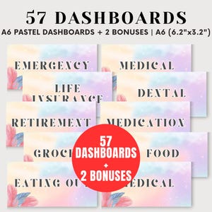 Puede incluir: Un conjunto de 57 tableros imprimibles de formato A6 (15,7 cm x 8,1 cm) en colores pastel con categorías como Emergencia, Médico, Seguro de vida, Dental, Jubilación, Medicamentos, Comestibles, Comida y Comer fuera. Los tableros están decorados con plumas rosas y un fondo de acuarela pastel.