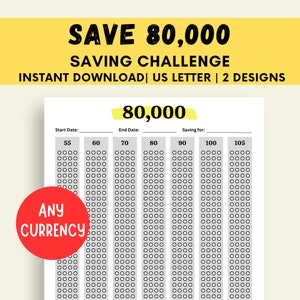 80K Saving Challenge, Money Challenge Printable, Save 80k Challenge, 80000 Savings Tracker, Savings Planner, Savings Goal, Instant Download