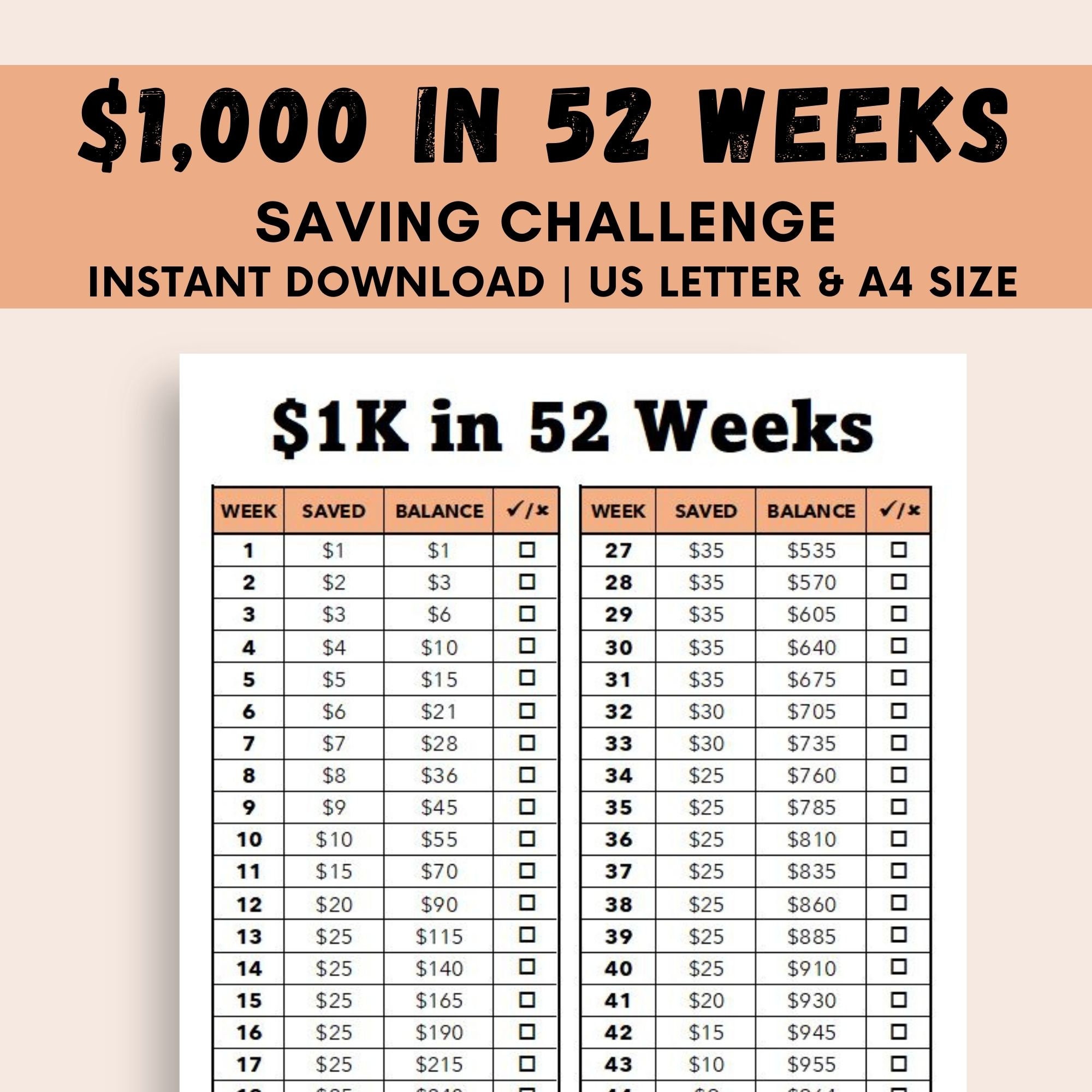 1K Savings Challenge, Printable 52 Weeks Saving Challenge, 1000 Money Challenge, 1 Year Savings Challenge, Savings Tracker, Save 1000 1 Year
