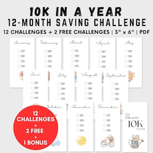 May include: A printable 12-month saving challenge with 12 challenges, 2 free challenges, and 1 bonus challenge. Each month has a goal amount to save, with options ranging from £150 to £260. The printable is designed for a 3" x 6" size and is in PDF format.