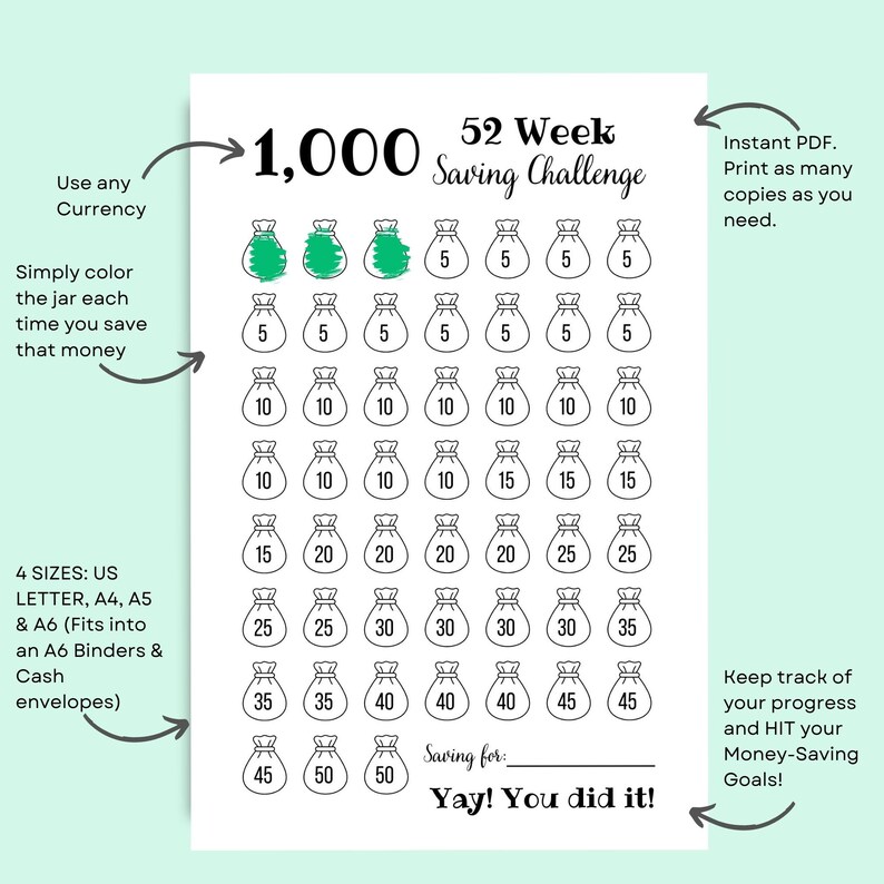 52 Week Saving Challenge Printable 1000 Money Challenge 1K - Etsy