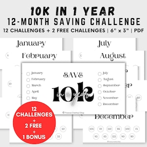 May include: A printable 12-month saving challenge to help you save £10,000 in one year. The challenge includes 12 challenges, 2 free challenges, and 1 bonus challenge. The printable is 6 inches by 3 inches and is in PDF format.