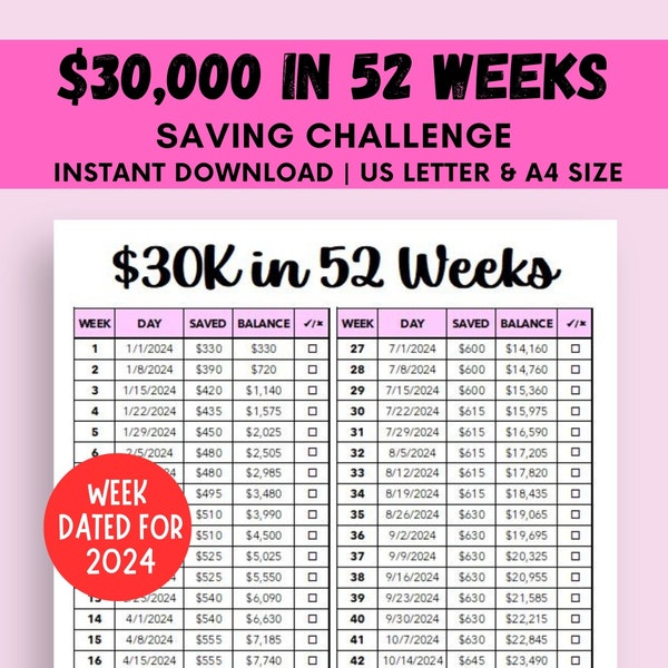 52 Week Saving Challenge Printable, 30K Saving Challenge, 1 Year Savings Challenge, 30K Savings Tracker,Save 30000 in 1 Year,Money Challenge