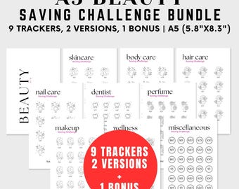 A5 Beauty Savings Challenge Bundle, Printable Self Care Savings Tracker, Beauty Money Savings Bundle, Cash Stuffing, Self Care Saving Bundle