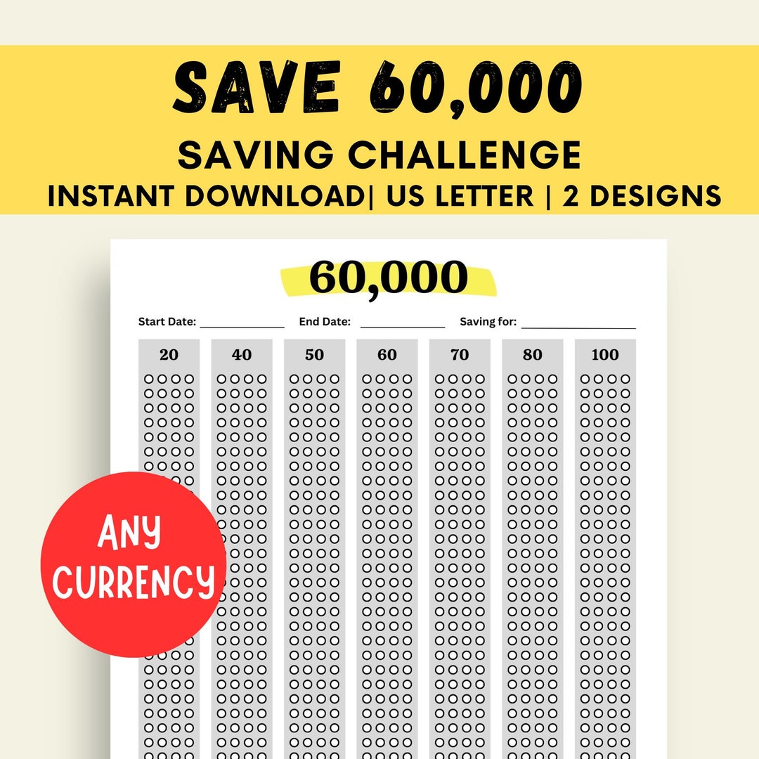 60K Saving Challenge, Money Challenge Printable, Save 60k