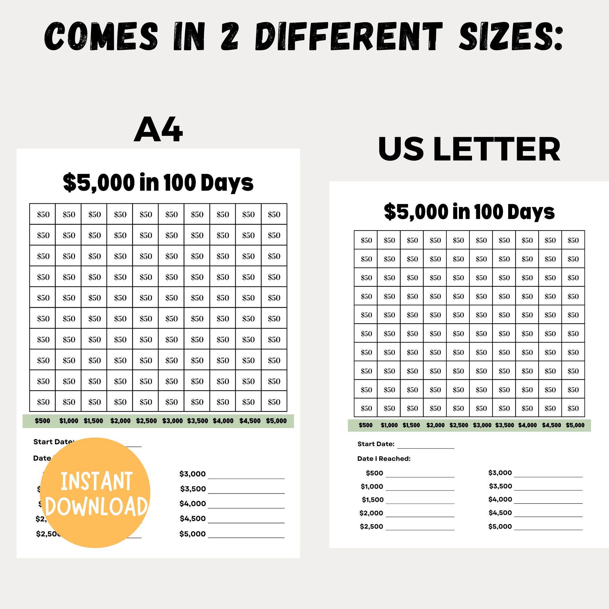 5,000 Money Saving Challenge Printable, Save 5,000 in 100 Days, Savings ...