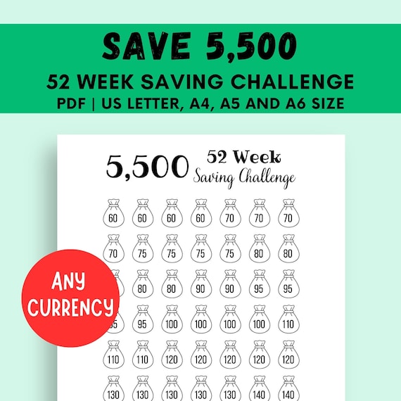 52 Week Saving Challenge Printable, 5500 Money Challenge, 1 Year