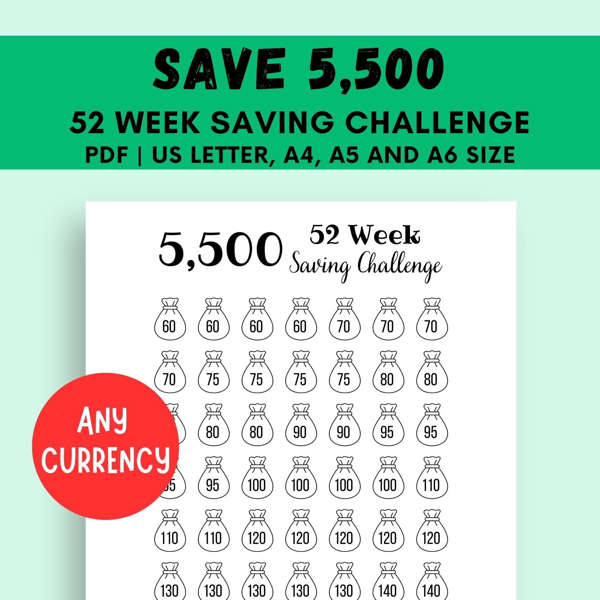 52 Week Saving Challenge Printable, 5500 Money Challenge, 1 Year