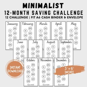 Può includere: Un stampabile di sfida di risparmio minimalista di 12 mesi. Il design include 12 sfide di risparmio mensili, ciascuna con importi diversi da risparmiare. Le carte misurano 7,6 cm x 15,2 cm e si adattano a un raccoglitore A6.