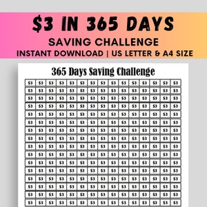 May include: A printable 365 Days Saving Challenge chart with a black and white grid. Each square contains the text "$3" to help you save money over the course of a year.