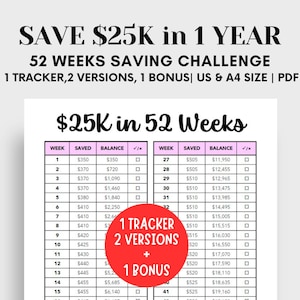 25K Saving Challenge, Printable 52 Week Saving Challenge, 1 Year Savings Challenge, 25K Savings Tracker,Save 25000 in 1 Year,Money Challenge