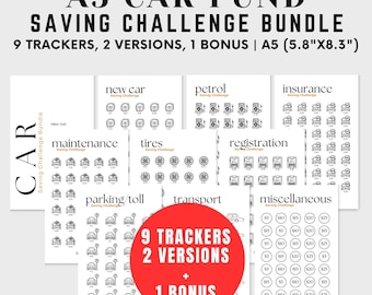 A5 New Car Savings Challenge Bundle, Printable Car Fund Savings Tracker, Car Money Savings Bundle, Car Cash Stuffing,Car Savings Fund Bundle