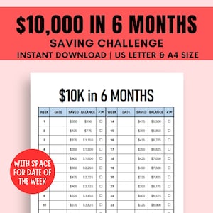 6 maanden besparingsuitdaging, 10K besparingsuitdaging, 26 weken besparingstracker afdrukbaar, 10K besparingstracker, Bespaar 10.000 in 6 maanden, PDF