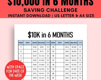 10K Savings Challenge Printable: 6-Month Tracker (PDF)