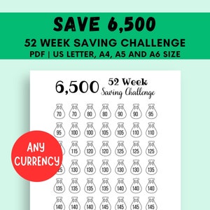 52 Week Saving Challenge Printable, 6500 Money Challenge, 1 Year Savings Challenge, 6500 Savings Tracker, Save 6500 in 1 Year, Savings Goal