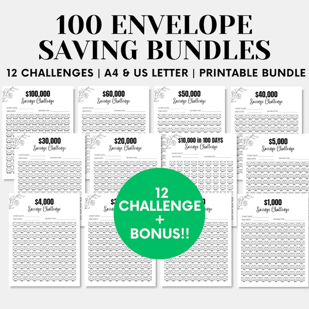 100 Envelope Savings Challenge Printable Bundle, 100 Days