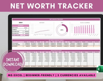 Op de afbeelding: Een roze en wit computerscherm waarop een spreadsheet wordt weergegeven voor het bijhouden van het vermogen. De spreadsheet bevat een samenvattingssectie, een vermogenstracker en een grafiek die activa versus passiva laat zien. De spreadsheet heeft de titel "Net Worth Tracker" en bevat het jaar 2024. De spreadsheet is ontworpen voor gebruik met Microsoft Excel en is gebruiksvriendelijk voor beginners. De spreadsheet bevat drie valuta.