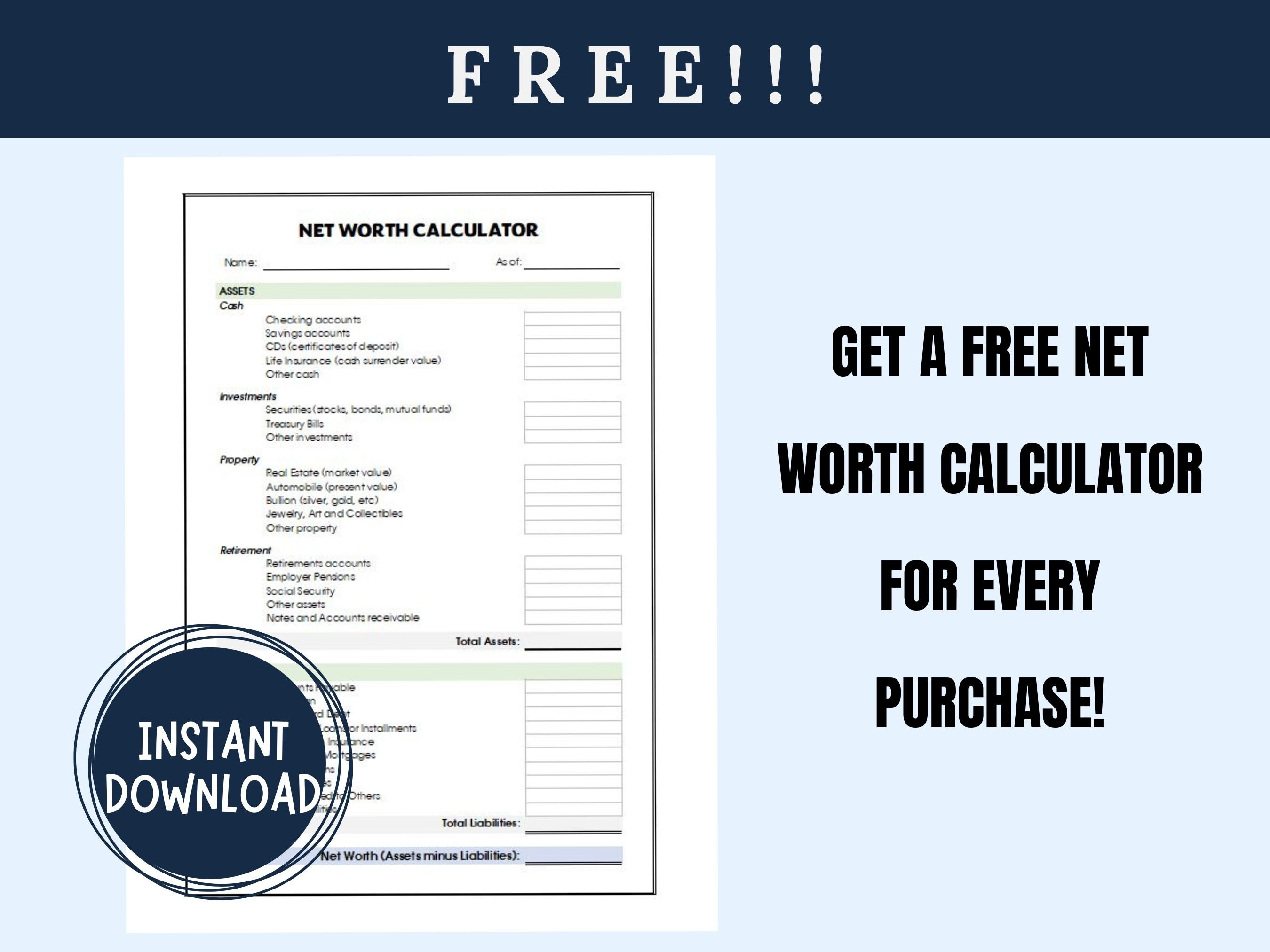 Net Worth Tracker Spreadsheet, Excel Template, Net Worth Calculator