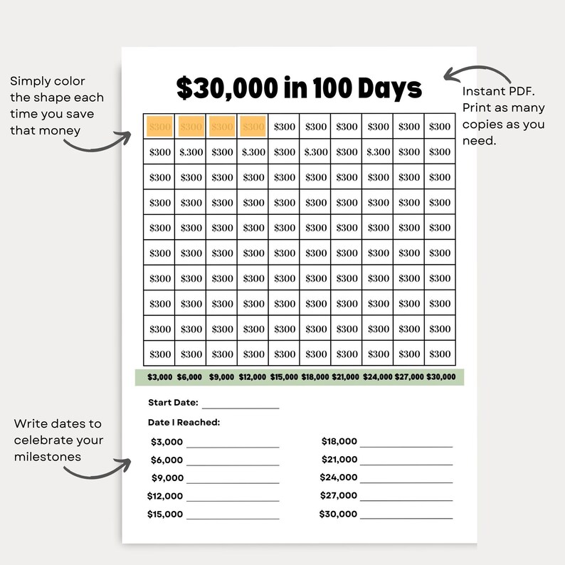 30,000 Money Saving Challenge Printable, Save 30,000 in 100 Days ...