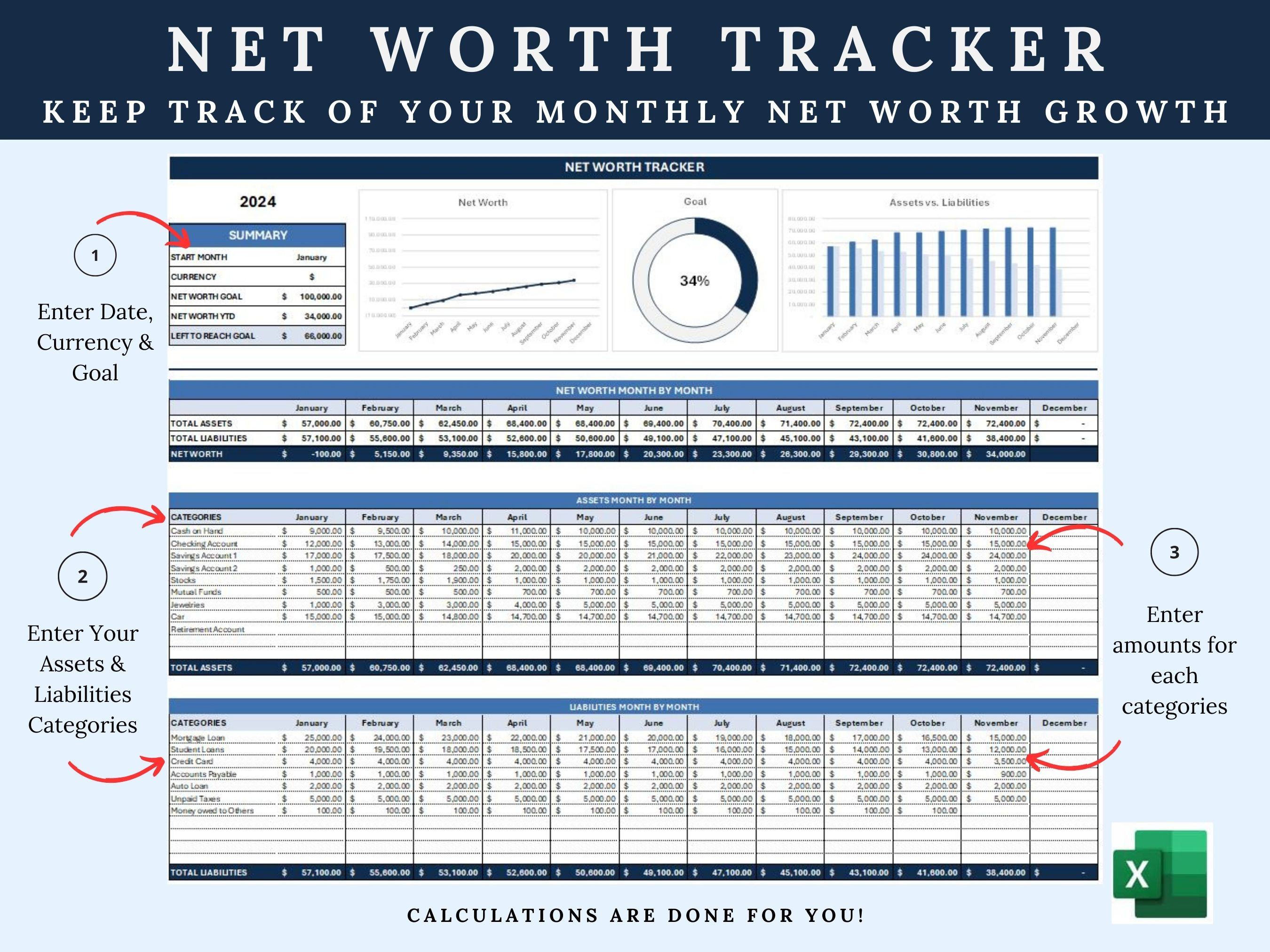 Net Worth Tracker Spreadsheet, Excel Template, Net Worth Calculator