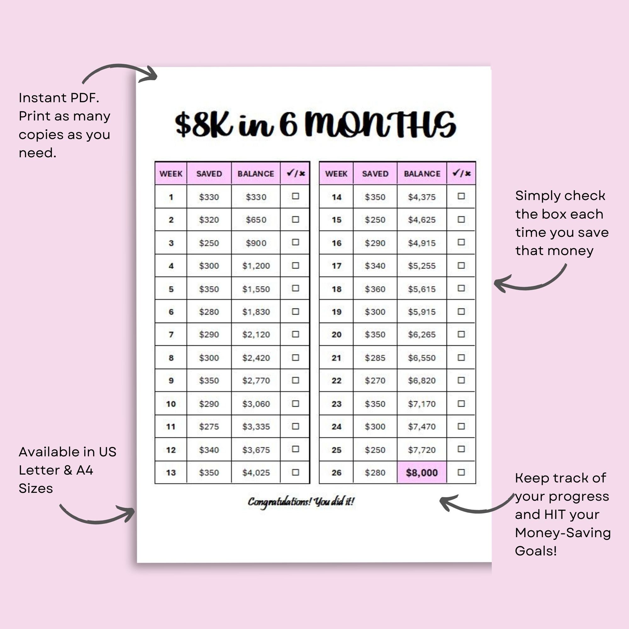 8K Savings Challenge, 26 Weeks Saving Tracker Printable, 6 Months ...