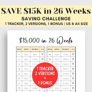 26 Week Savings Challenge, 15K Savings Challenge, 26 Weeks Tracker Printable, 15K Savings Tracker, Save 15000 in 26 Weeks,Savings Goal,A4/US