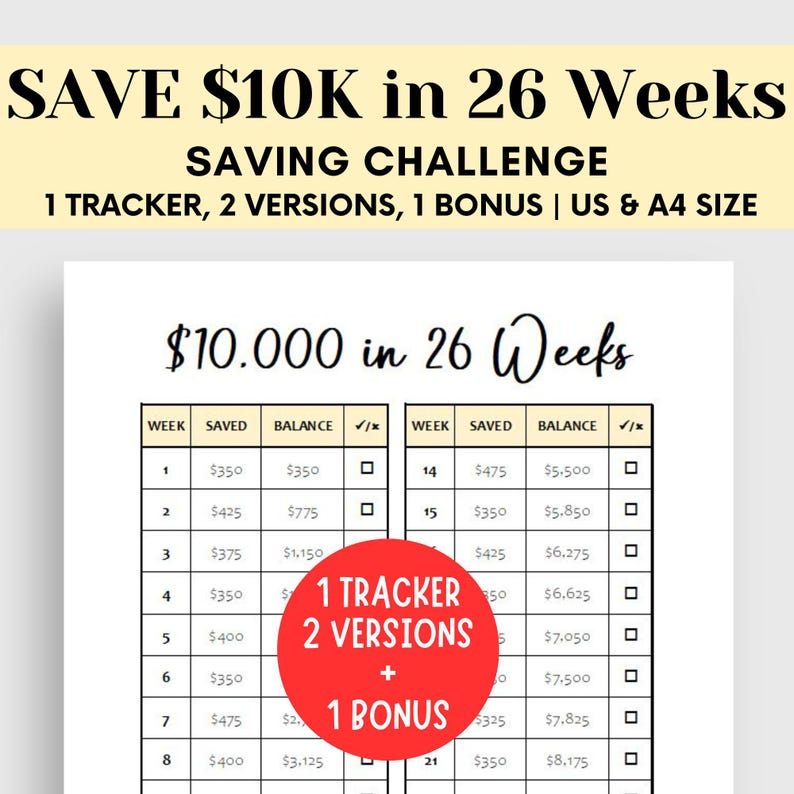 Week Data Tracker 10K Savings Challenge: 26 Week Tracker (A4/US) (digital Download) - Etsy
