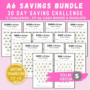 30 Day Saving Challenge Bundle, Printable 30 Day Goal Tracker, Monthly Goal Planner, 30 Day Challenge Tracker, 12 Set A6 Savings Trackers