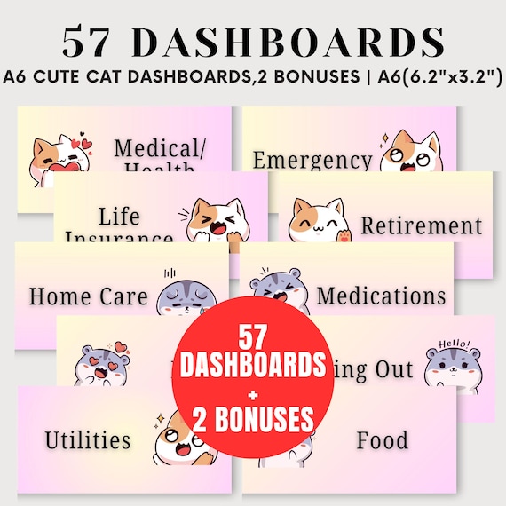 A6 Cute Cat Budget Dashboards, A6 Cash Envelopes Inserts, A6 Envelopes Binders, A6 Cash Saving Placeholder, Sinking Funds, Home Dashboards