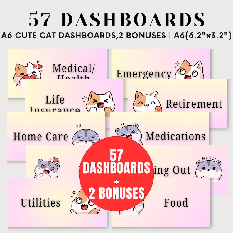 May include: A collection of 57 dashboards with 2 bonuses, featuring cute cat illustrations. The dashboards are A6 size, measuring 6.2" x 3.2". Each dashboard has a different category, such as "Medical/Health", "Emergency", and "Retirement".