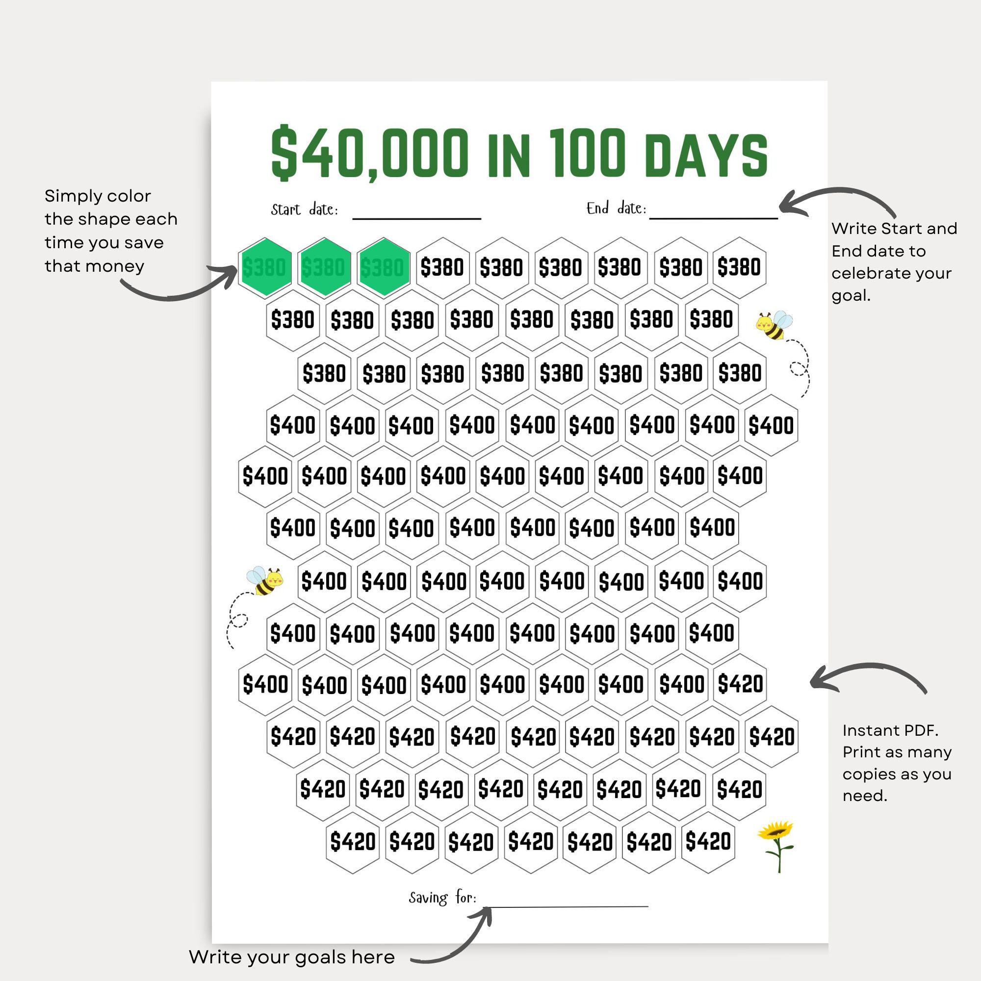 40,000 Money Saving Challenge Printable, Save 40,000 in 100