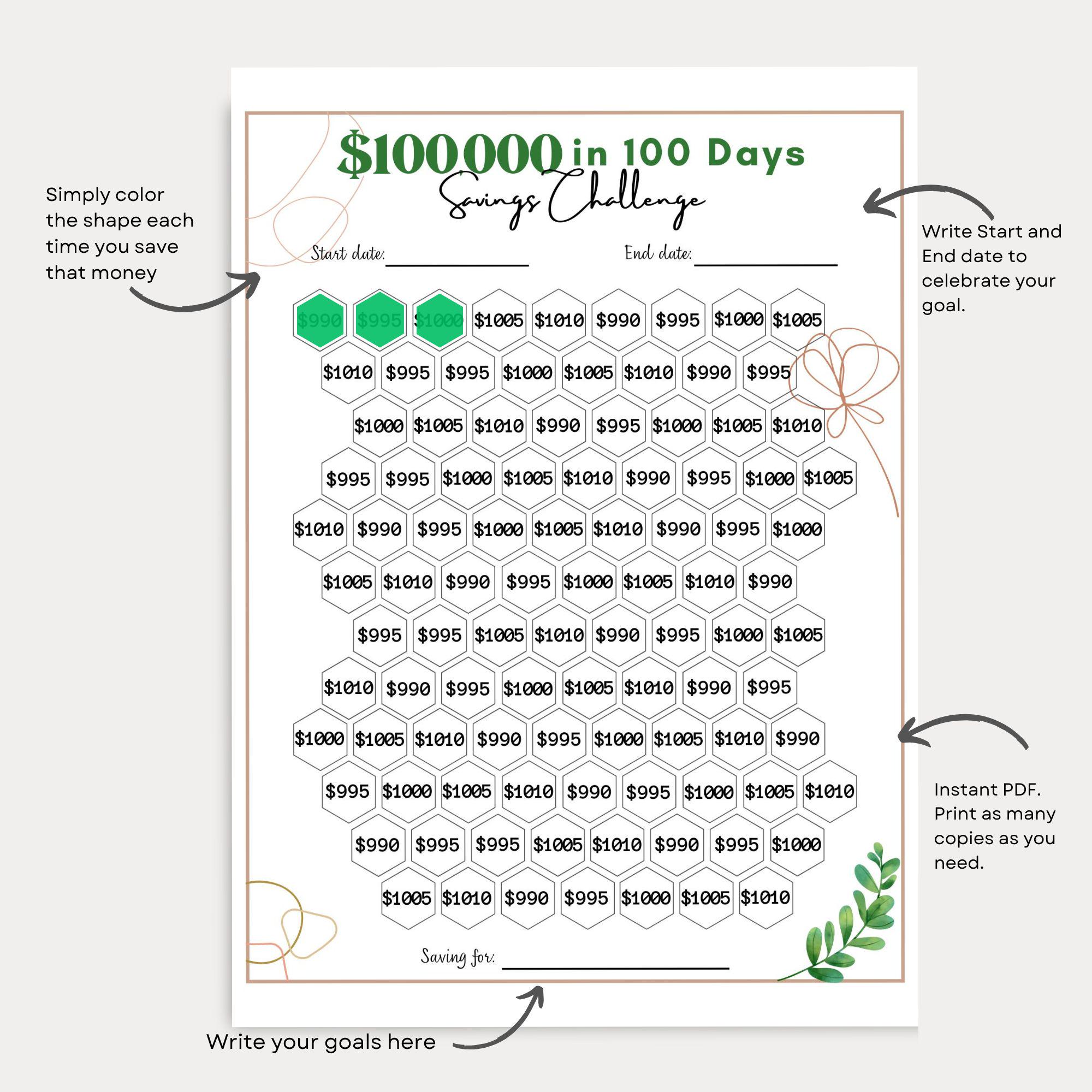 Save 100000 in 100 Days, 100k Money Saving Challenge Printable