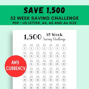 52 Week Saving Challenge Printable, 1500 Money Challenge, 1 Year Savings Challenge, Any Currency, 1500 Savings Tracker, Save 1500 in 1 Year