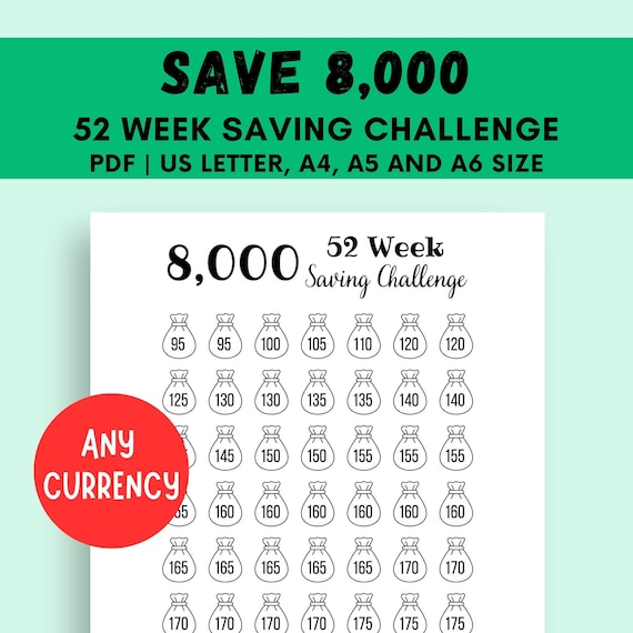 8K Money Saving Challenge: 52 Week Tracker (PDF) - Etsy