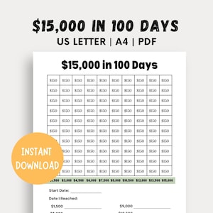 15,000 Money Saving Challenge Printable, Save 15,000 in 100 Days, Savings Tracker, 15k Savings Challenge, Printable Cash Saver,15k Challenge