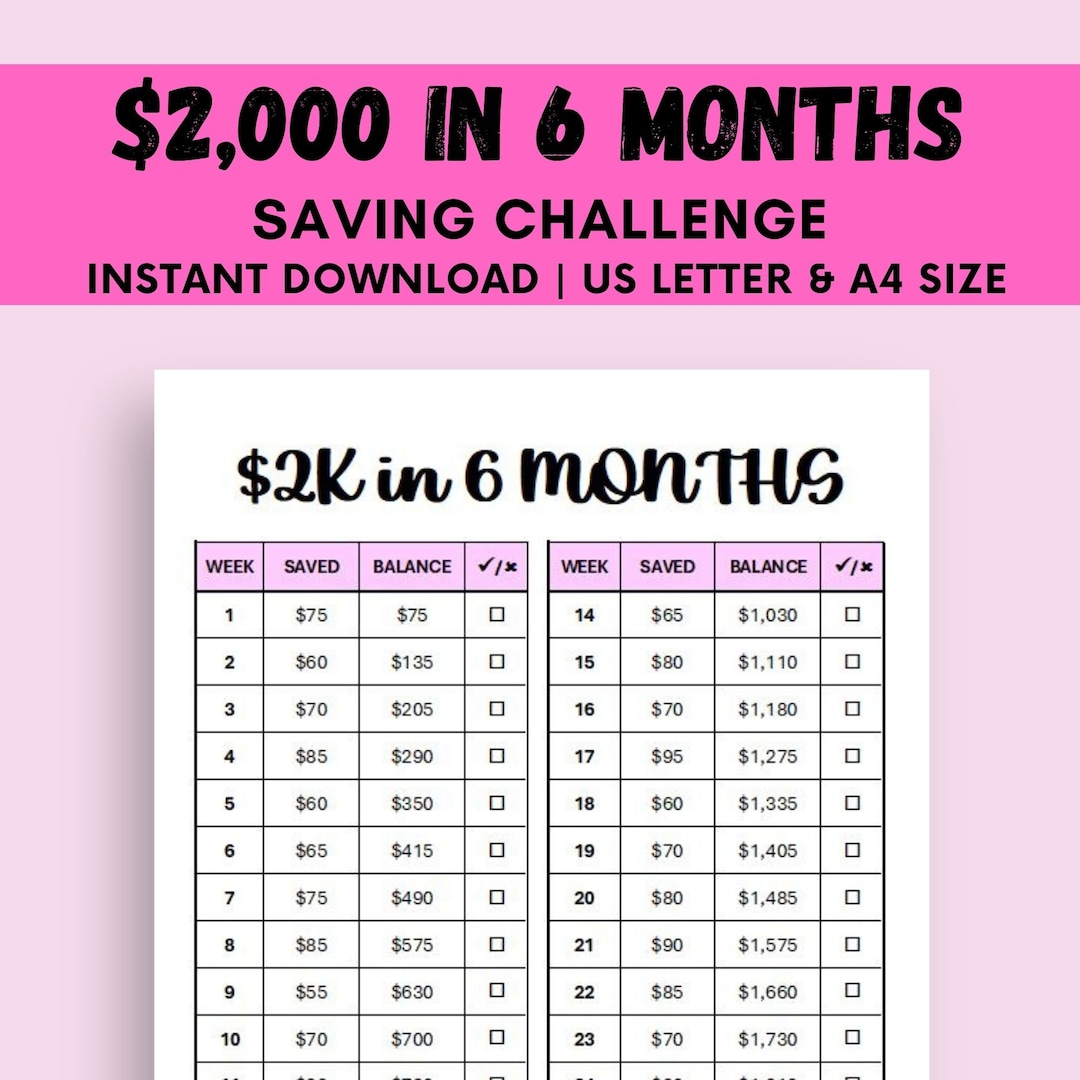 2k savings challenge 26 weeks saving tracker 6 months savings