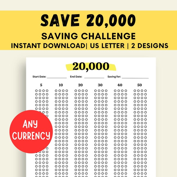 20K Saving Challenge, Money Challenge Printable, Save 20k Challenge, 20000 Savings Tracker, Savings Planner, Savings Goal, Instant Download