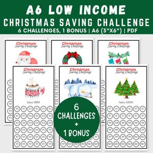 Puede incluir: Un desafío de ahorro navideño imprimible con seis desafíos diferentes y un desafío de bonificación. Cada desafío tiene una ilustración festiva y una cuadrícula de cantidades en dólares para realizar un seguimiento de los ahorros. Los desafíos incluyen ahorrar para Santa Claus, una corona, calcetines, chocolate caliente, un muñeco de nieve y un árbol de Navidad. El texto en la imagen dice "A6 Low Income Christmas Saving Challenge 6 Challenges, 1 Bonus | A6 (3"x6") | PDF".