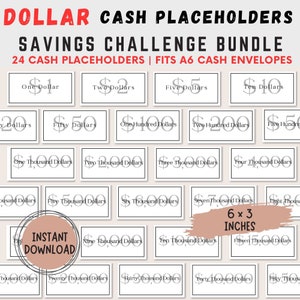 May include: A set of 24 printable cash placeholders for a savings challenge. The placeholders are designed to fit A6 cash envelopes. The placeholders feature dollar amounts from $1 to $50,000.