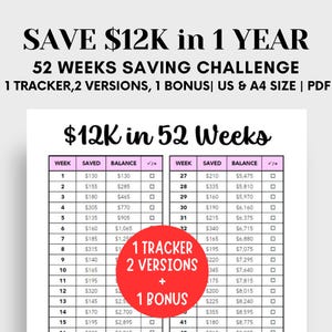 12K Saving Challenge, 52 Week Saving Challenge Printable, 1 Year Savings Challenge, 12K Savings Tracker,Save 12000 in 1 Year,Money Challenge
