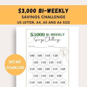 May include: A printable $3,000 bi-weekly savings challenge tracker. The tracker is designed to help you save money over time. It features a grid of numbers, with a start date and end date at the top.