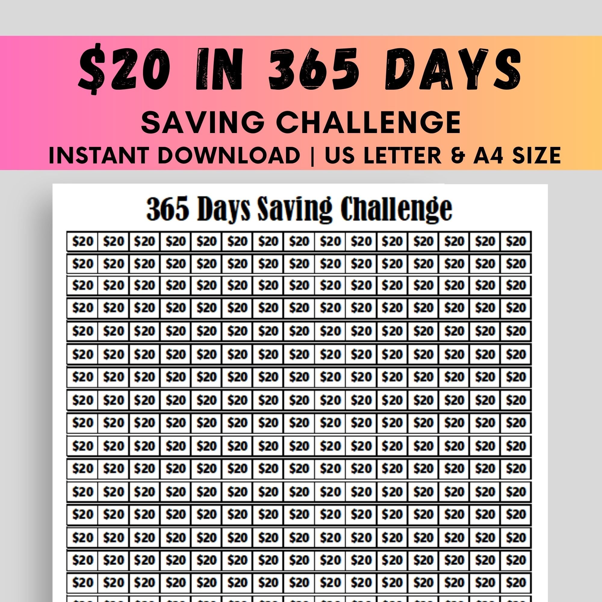 365 Days Savings Challenge, 20 Dollars Daily Saving Challenge
