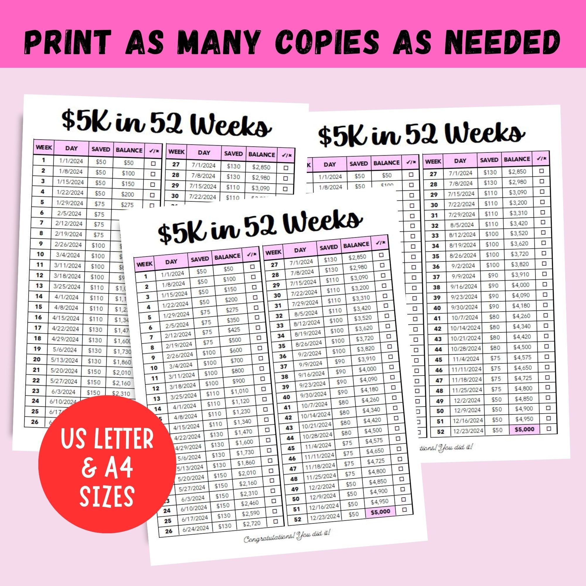 Printable 52 Weeks Saving Challenge, 5K Savings Challenge, 5K Money ...