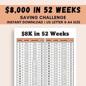 8K Saving Challenge, 52 Week Saving Challenge Printable, 1 Year Savings Challenge, 8K Savings Tracker, Save 8000 in 1 Year, Money Challenge